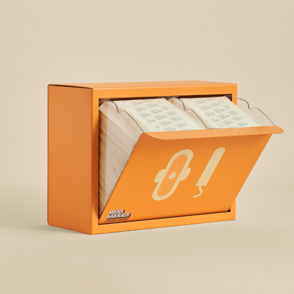 Menssäkradboxen Melonorange. Box för förvaring av bindor. Med ekologiska bindor.