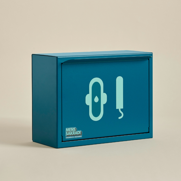 Menssäkradboxen Havsblå. Box för förvaring av mensskydd. Med ekologiska bindor och tamponger.
