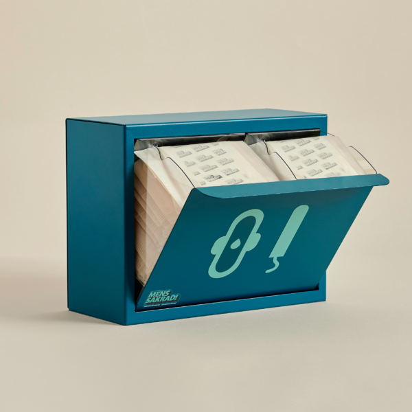 Menssäkradboxen Havsblå. Box för förvaring av bindor. Med ekologiska bindor.